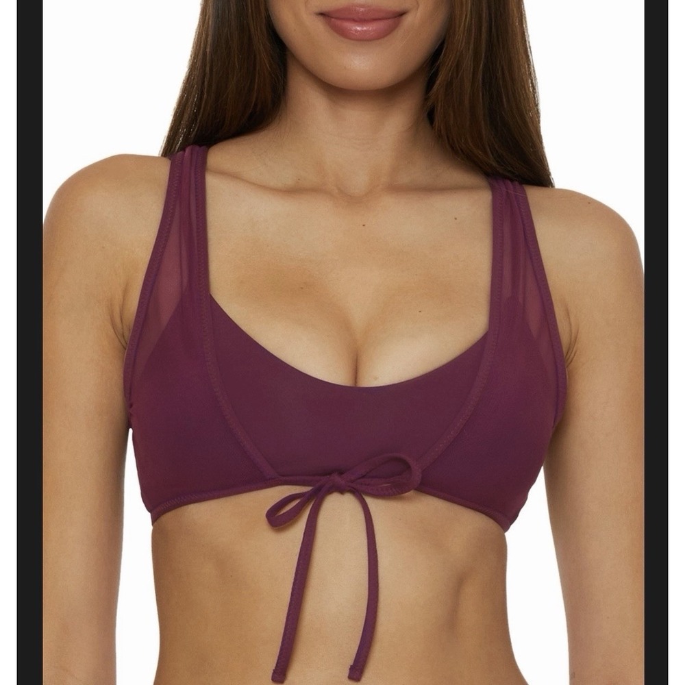 BECCA Bikini Top Women D-Cup Purple Mesh Multi-Way Tie Front Swimwear NWT $88